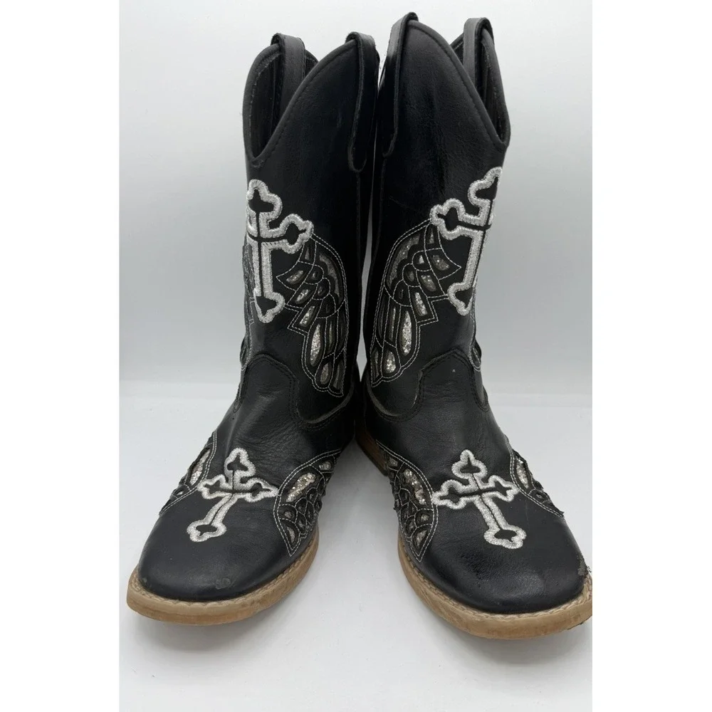 Blazin Roxx Girls Western Cowgirl Boots Glittery Silver Wings Cross Design Sz 3